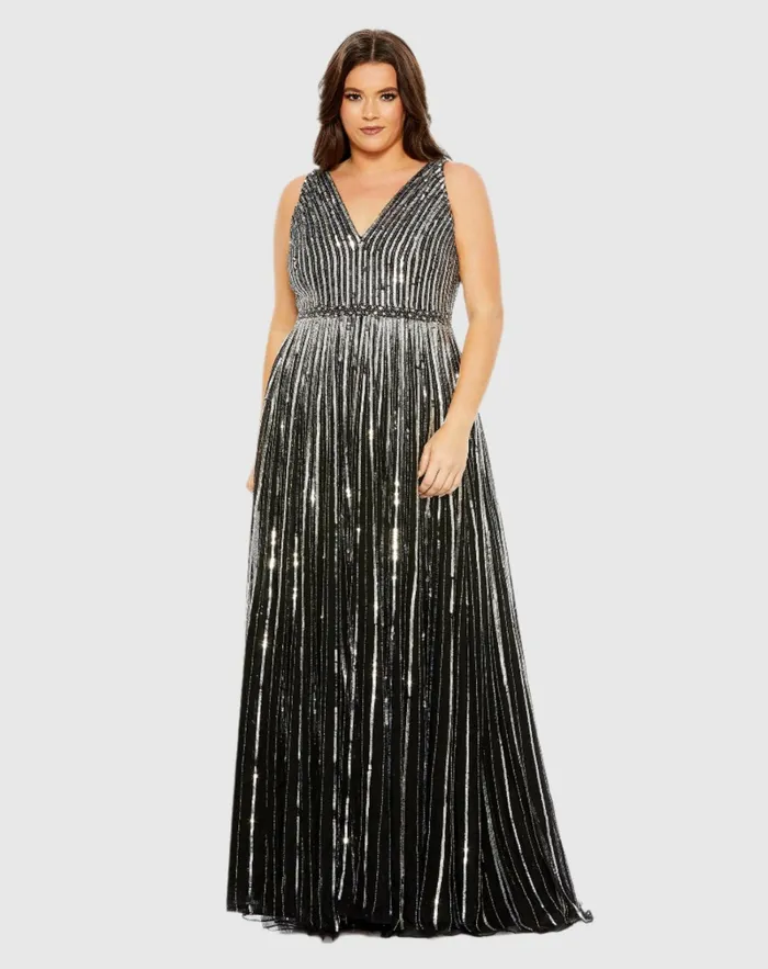 Women Mac Duggal Sequined Striped Sleeveless V Neck A Line Gown Plus Apricot Plus Size Dresses Women Mac Duggal Sequined Striped Sleeveless V Neck A Line Gown Plus Apricot Plus Size Dresses