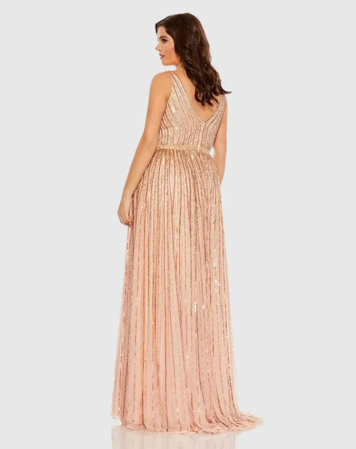 Women Mac Duggal Sequined Striped Sleeveless V Neck A Line Gown Plus Apricot Plus Size Dresses Women Mac Duggal Sequined Striped Sleeveless V Neck A Line Gown Plus Apricot Plus Size Dresses