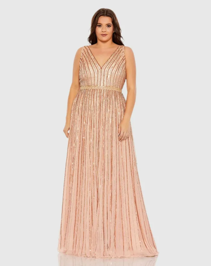 Women Mac Duggal Sequined Striped Sleeveless V Neck A Line Gown Plus Apricot Plus Size Dresses Women Mac Duggal Sequined Striped Sleeveless V Neck A Line Gown Plus Apricot Plus Size Dresses
