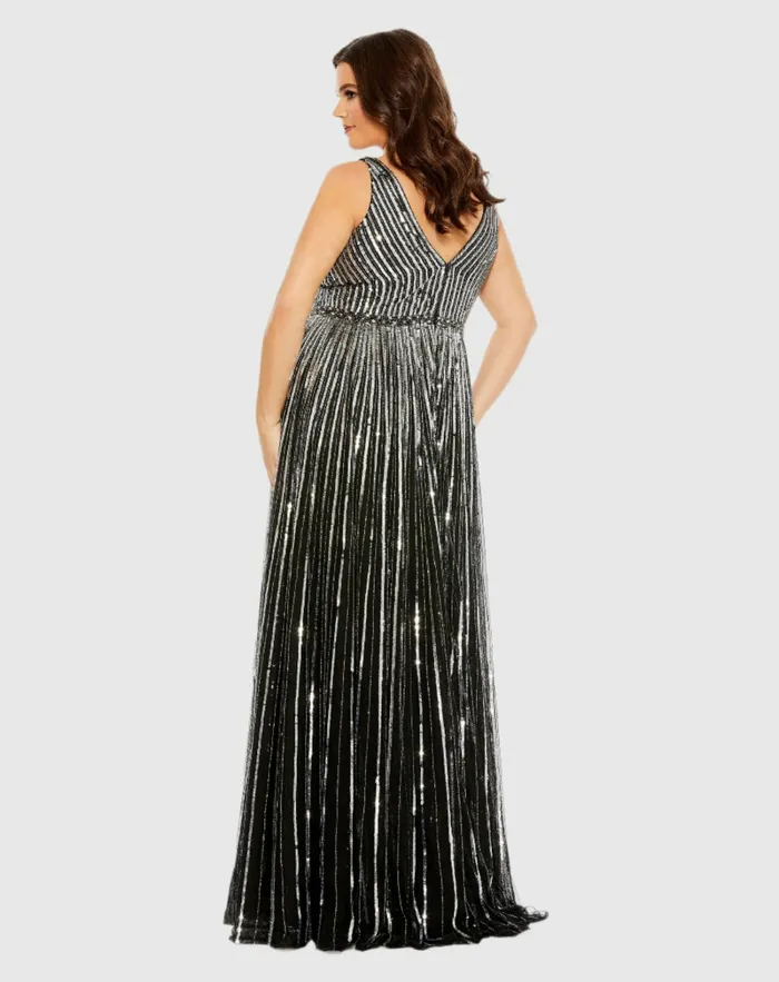 Women Mac Duggal Sequined Striped Sleeveless V Neck A Line Gown Plus Apricot Plus Size Dresses Women Mac Duggal Sequined Striped Sleeveless V Neck A Line Gown Plus Apricot Plus Size Dresses