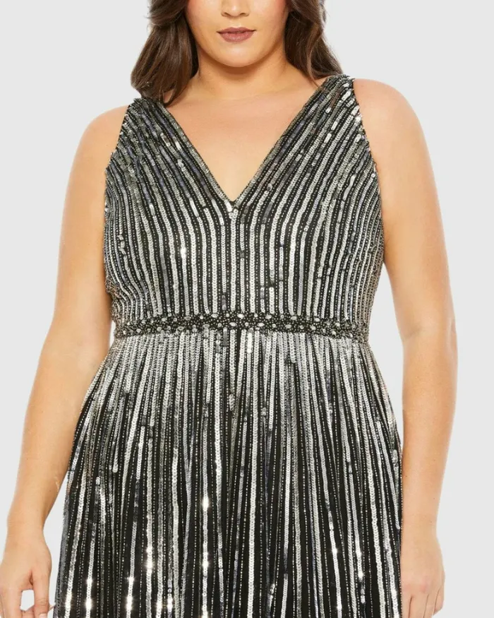 Women Mac Duggal Sequined Striped Sleeveless V Neck A Line Gown Plus Apricot Plus Size Dresses Women Mac Duggal Sequined Striped Sleeveless V Neck A Line Gown Plus Apricot Plus Size Dresses