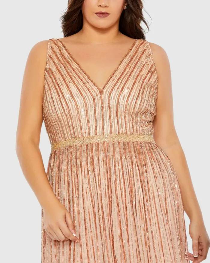 Women Mac Duggal Sequined Striped Sleeveless V Neck A Line Gown Plus Apricot Plus Size Dresses Women Mac Duggal Sequined Striped Sleeveless V Neck A Line Gown Plus Apricot Plus Size Dresses