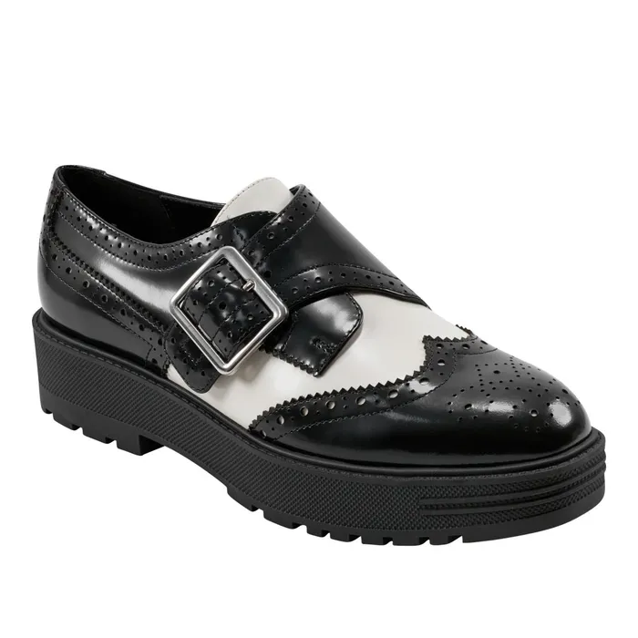 Women Marc Fisher Loafers and Flats Remona Monk Strap Loafer Blackchic Cream Leather