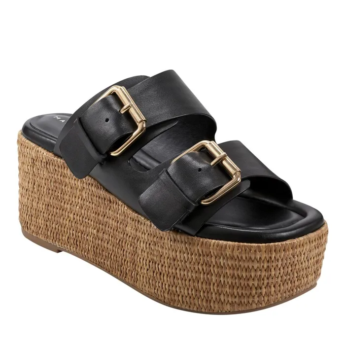 Women Marc Fisher Mules and Slides Palery Platform Buckle Slide Sandal Black Leather