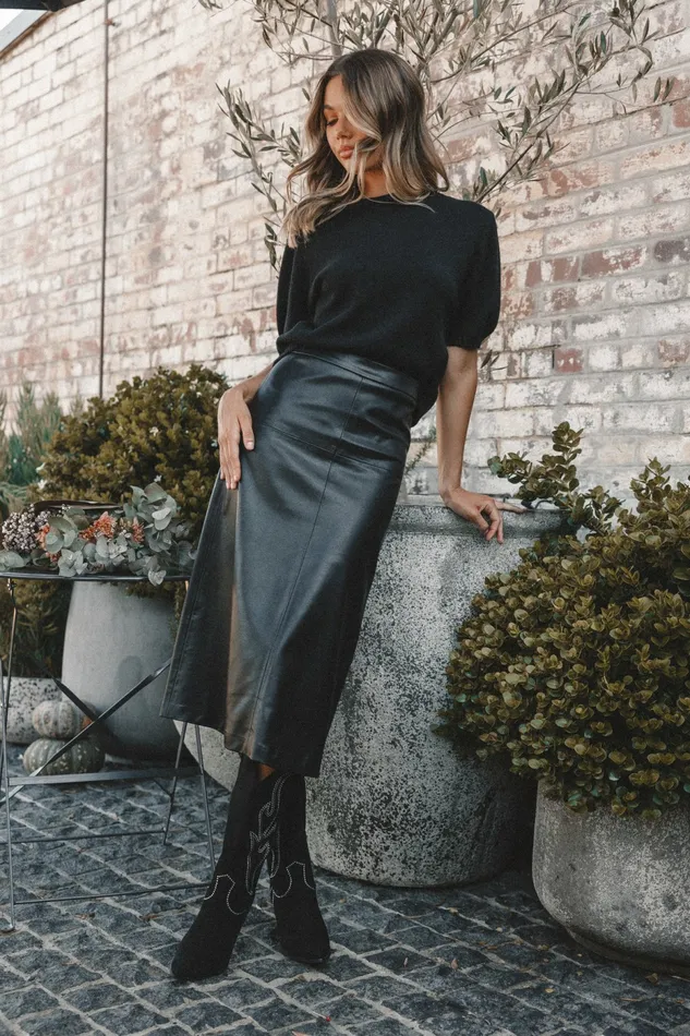 Women Miller Faux Leather Midi Skirt Black Skirts Petal and Pup