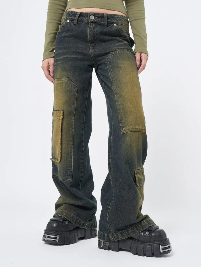 Women Minga London Bottoms Track Multi Pocket Overdye Cargo Jeans
