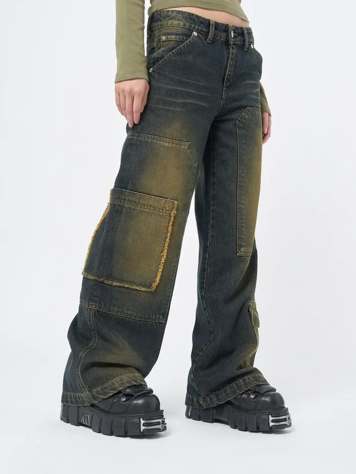 Women Minga London Bottoms Track Multi Pocket Overdye Cargo Jeans