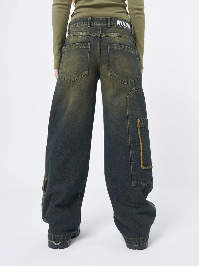 Women Minga London Bottoms Track Multi Pocket Overdye Cargo Jeans