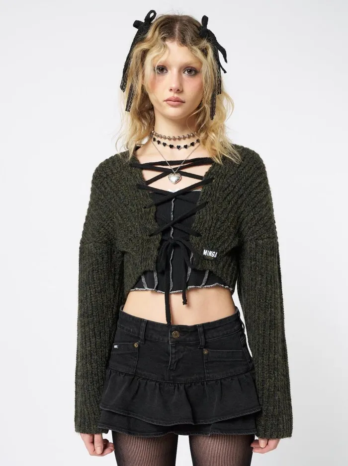 Women Minga London Jackets and Cardigans Arabella Green Knitted Lace Up Cardigan Women Minga London Jackets and Cardigans Arabella Green Knitted Lace Up Cardigan