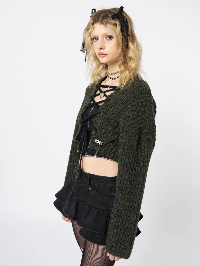 Women Minga London Jackets and Cardigans Arabella Green Knitted Lace Up Cardigan