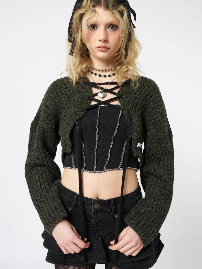 Women Minga London Jackets and Cardigans Arabella Green Knitted Lace Up Cardigan