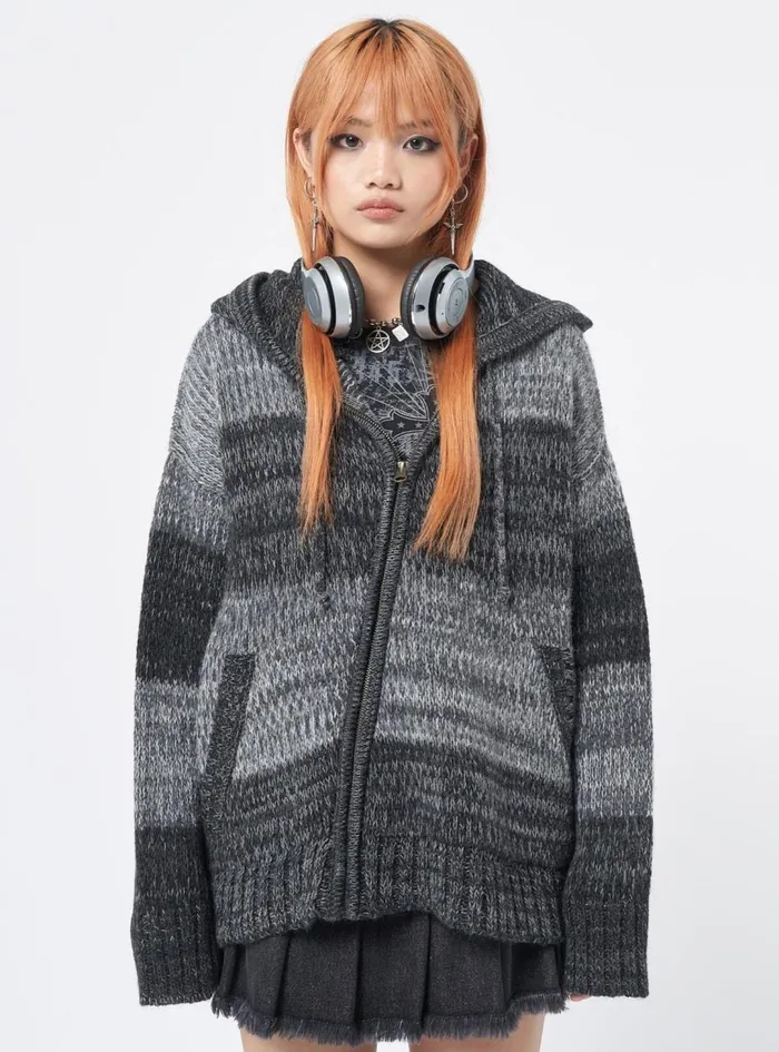 Women Minga London Jackets and Cardigans Carbon Zip Up Hood Knit Cardigan