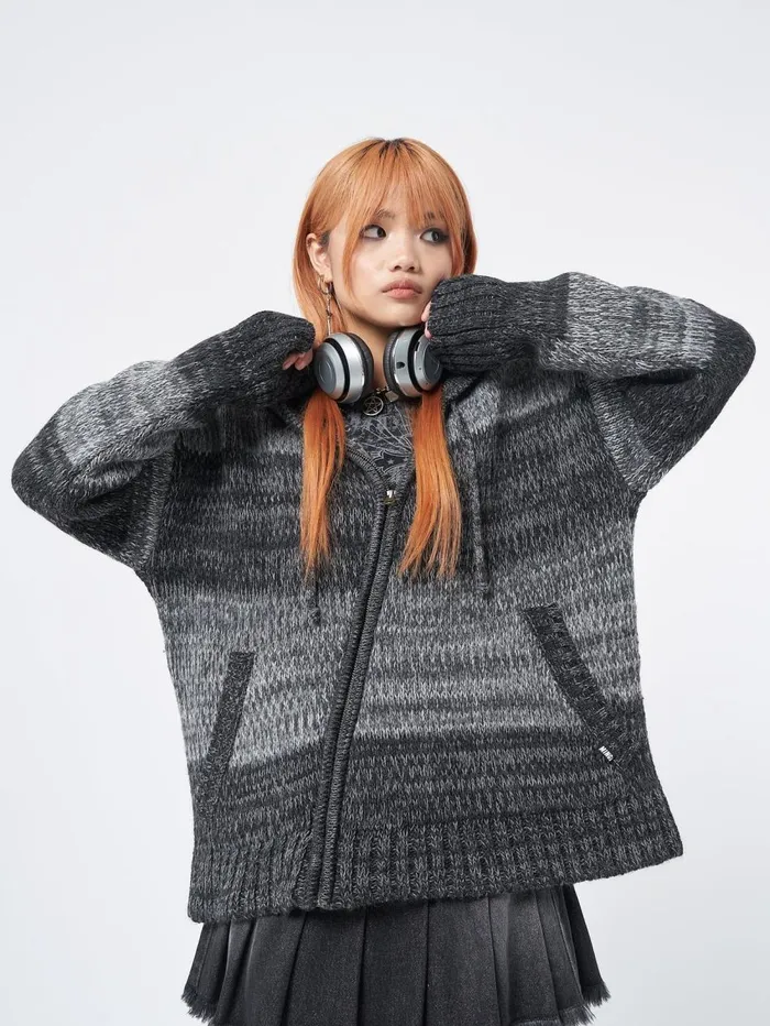 Women Minga London Jackets and Cardigans Carbon Zip Up Hood Knit Cardigan