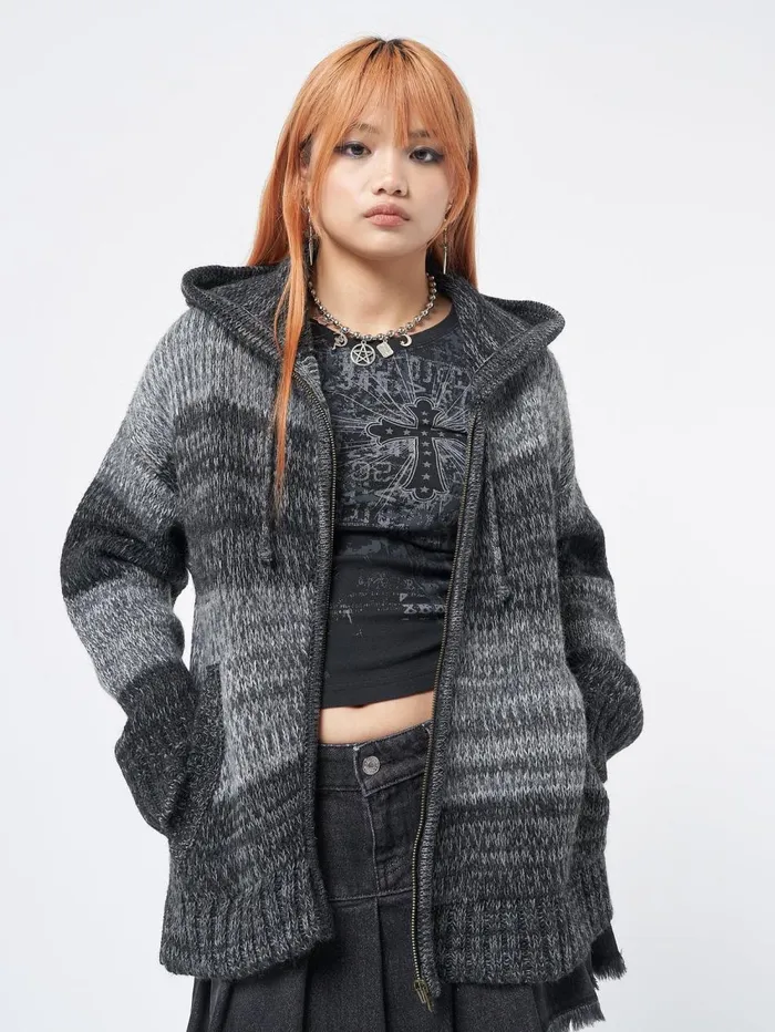 Women Minga London Jackets and Cardigans Carbon Zip Up Hood Knit Cardigan