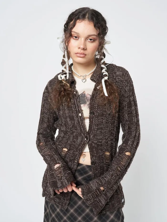 Women Minga London Jackets and Cardigans Gem Brown Distressed Knit Cardigan