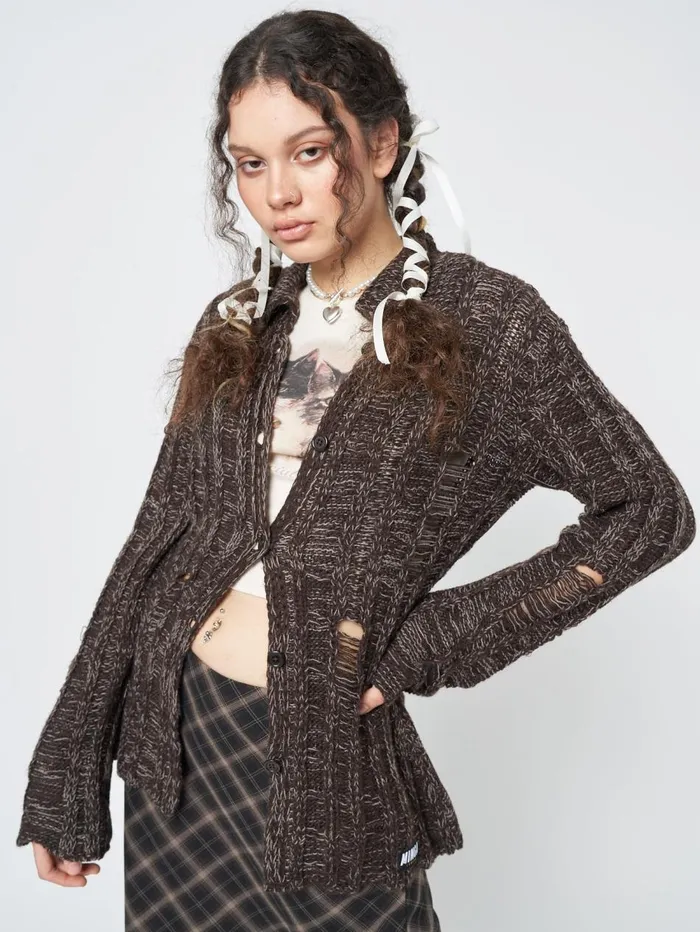 Women Minga London Jackets and Cardigans Gem Brown Distressed Knit Cardigan