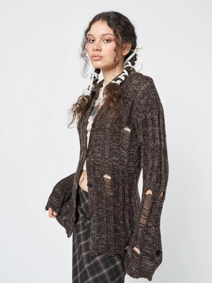 Women Minga London Jackets and Cardigans Gem Brown Distressed Knit Cardigan