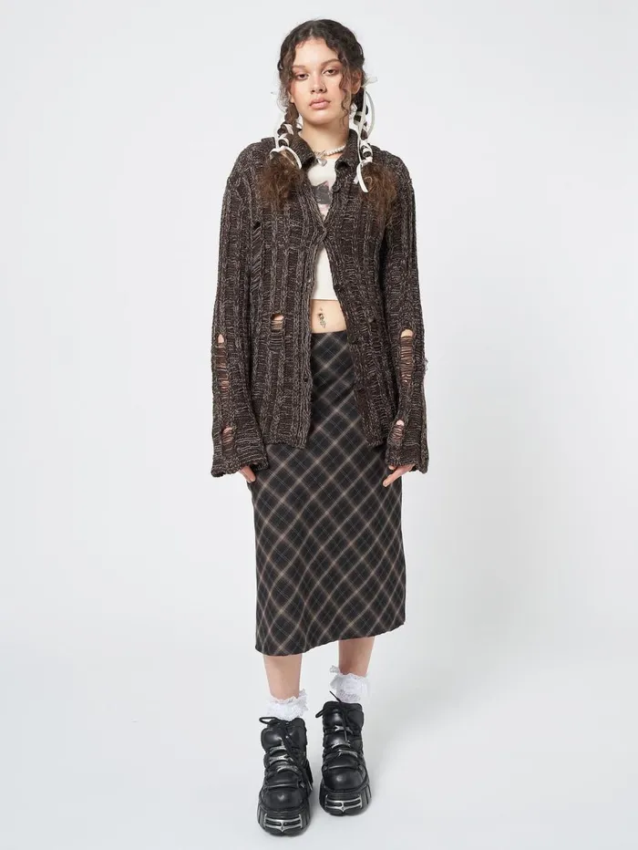 Women Minga London Jackets and Cardigans Gem Brown Distressed Knit Cardigan