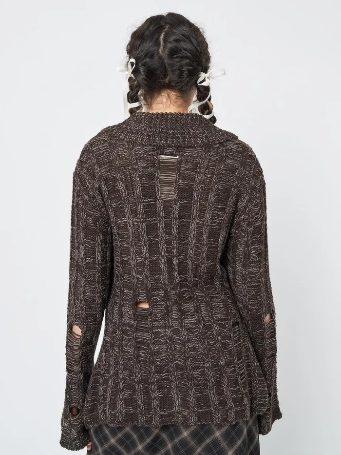 Women Minga London Jackets and Cardigans Gem Brown Distressed Knit Cardigan