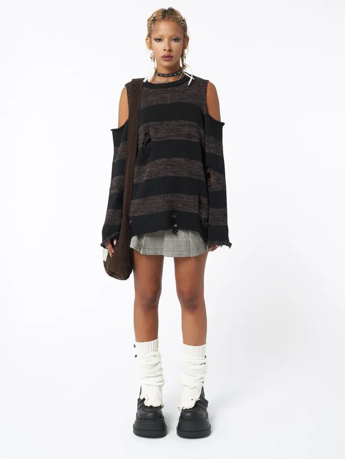 Women Minga London Knitwear Curtis Brown Black Striped Knit Jumper
