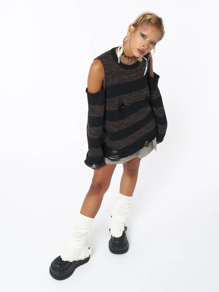 Women Minga London Knitwear Curtis Brown Black Striped Knit Jumper