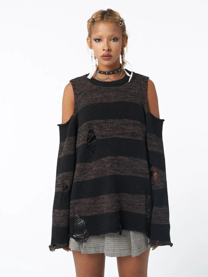 Women Minga London Knitwear Curtis Brown Black Striped Knit Jumper