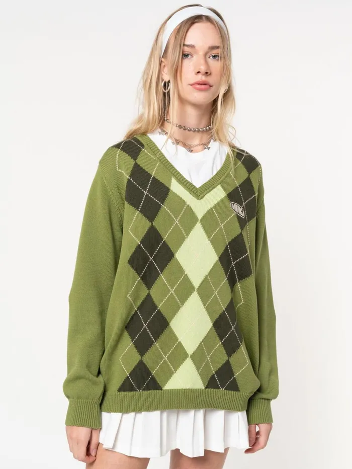 Women Minga London Knitwear Green Shades Argyle Knitted Jumper