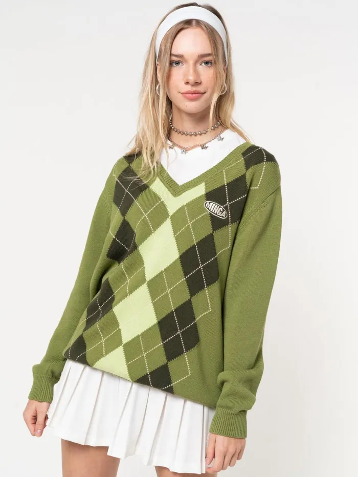 Women Minga London Knitwear Green Shades Argyle Knitted Jumper