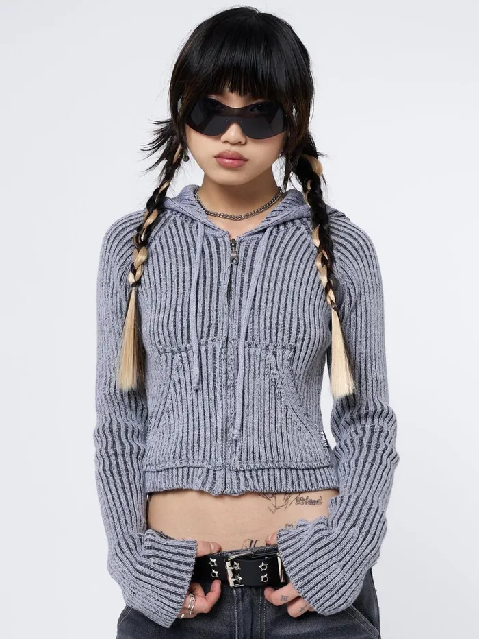 Women Minga London Sweaters and Hoodies Jinx Grey Cropped Zip Hoodie Cardigan