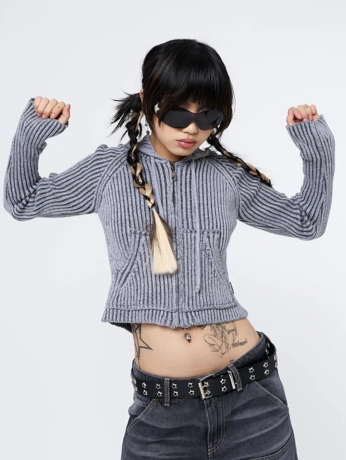 Women Minga London Sweaters and Hoodies Jinx Grey Cropped Zip Hoodie Cardigan