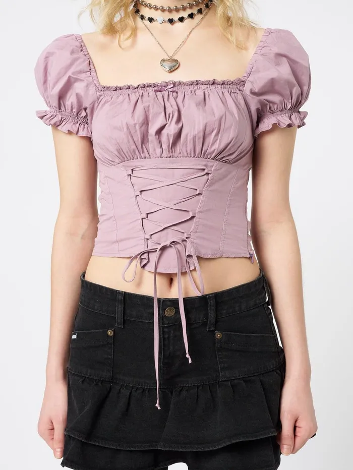 Women Minga London Tops and TShirts Aurora Mauve Milkmaid Lace Up Top