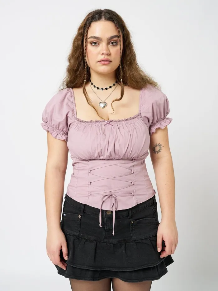 Women Minga London Tops and TShirts Aurora Mauve Milkmaid Lace Up Top