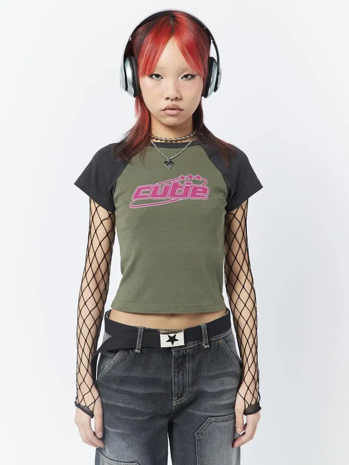 Women Minga London Tops and TShirts Cutie Graphic Print Raglan Baby Tee