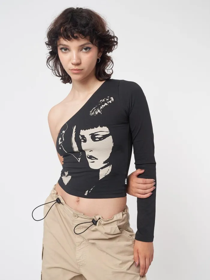 Women Minga London Tops and TShirts Face Off Black One Shoulder Top