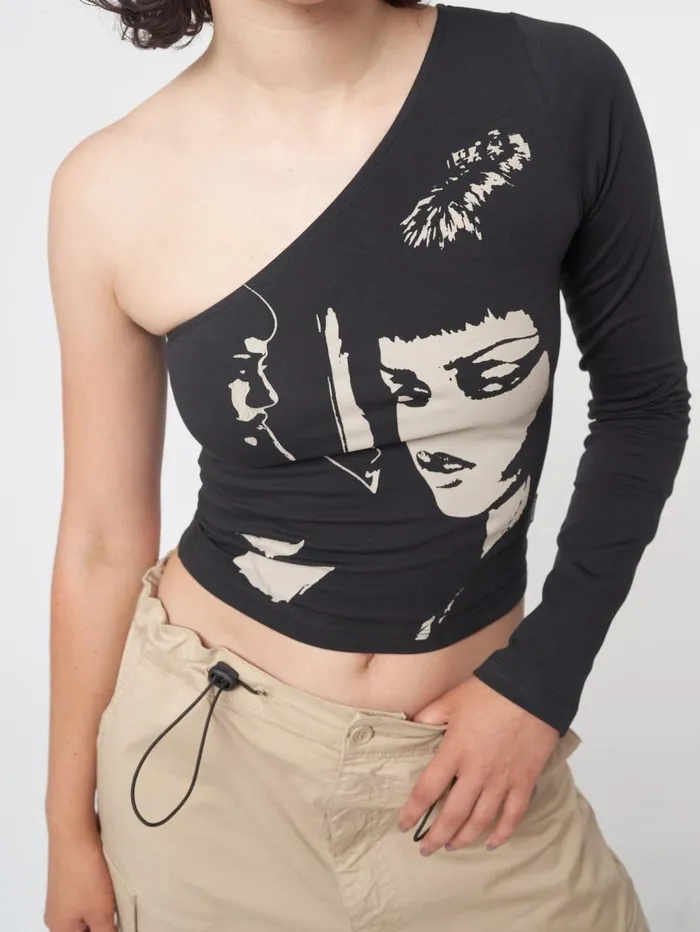 Women Minga London Tops and TShirts Face Off Black One Shoulder Top