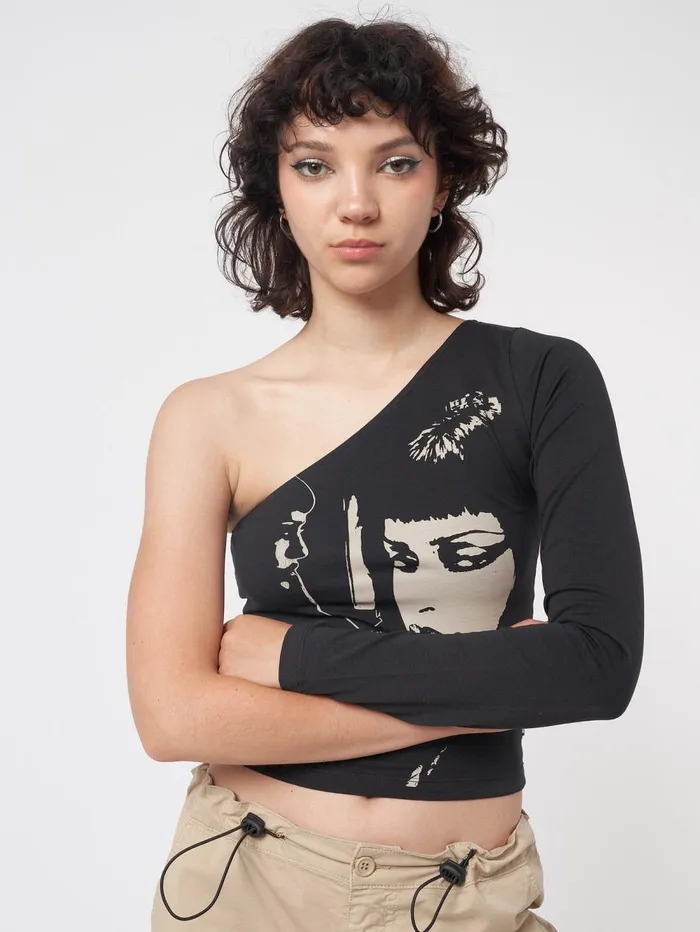 Women Minga London Tops and TShirts Face Off Black One Shoulder Top