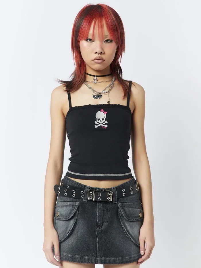 Women Minga London Tops and TShirts Skull Girl Black Lace Trim Cami Top