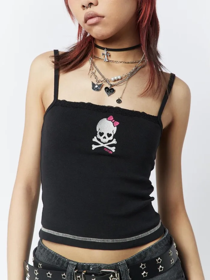 Women Minga London Tops and TShirts Skull Girl Black Lace Trim Cami Top