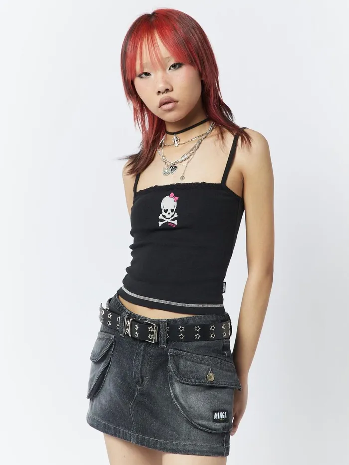 Women Minga London Tops and TShirts Skull Girl Black Lace Trim Cami Top