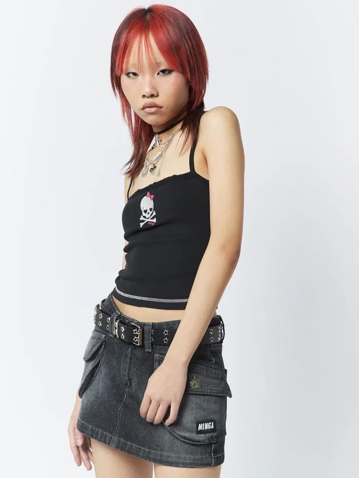 Women Minga London Tops and TShirts Skull Girl Black Lace Trim Cami Top