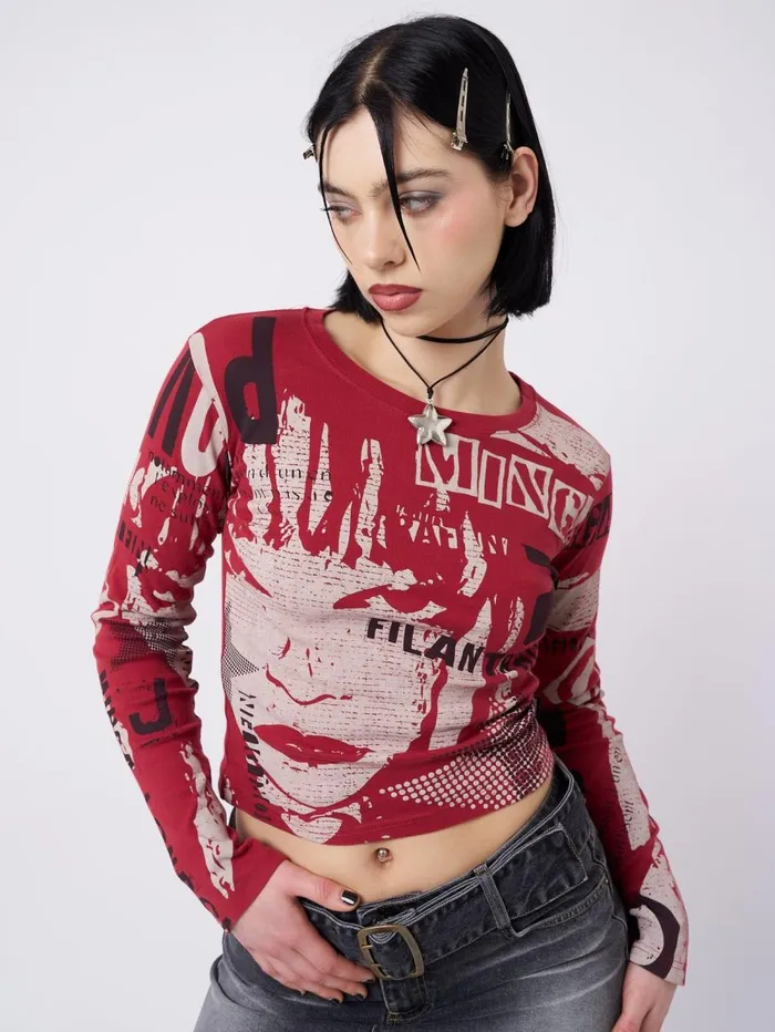 Women Minga London Tops and TShirts Veronic Red and Black Graphic Top