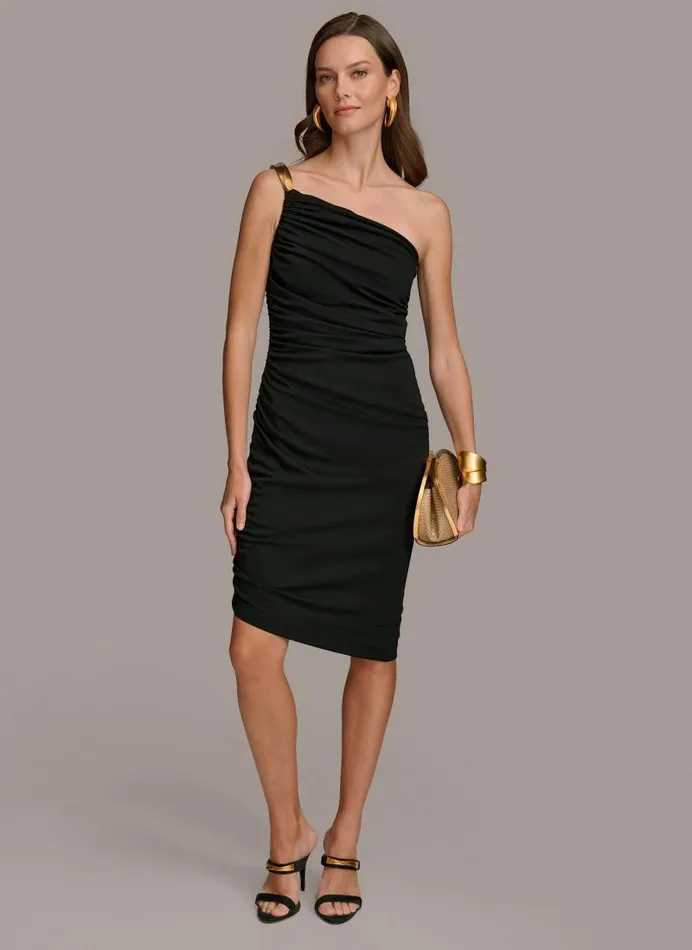 Women ONE SHOULDER RUCHED DRESS Black Donna Karan New York Dresses And Jumpsuits