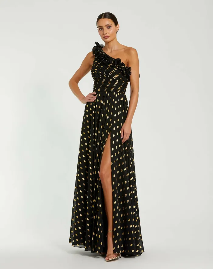 Women One Shoulder Ruffle Chiffon Gown With Slit Black Gold Best Sellers Mac Duggal Women One Shoulder Ruffle Chiffon Gown With Slit Black Gold Best Sellers Mac Duggal