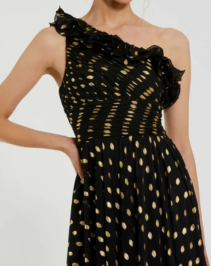 Women One Shoulder Ruffle Chiffon Gown With Slit Black Gold Best Sellers Mac Duggal