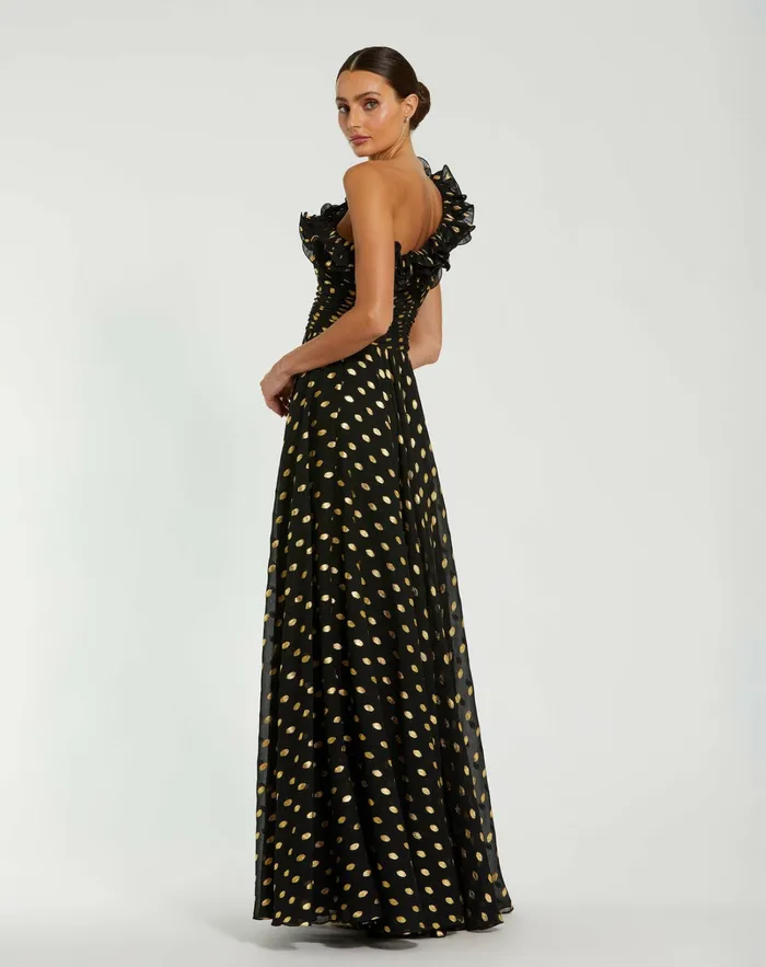 Women One Shoulder Ruffle Chiffon Gown With Slit Black Gold Best Sellers Mac Duggal