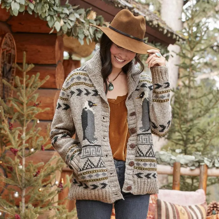Women Penguins Aplenty Cardigan Light Natural Sundance Catalog Sweaters