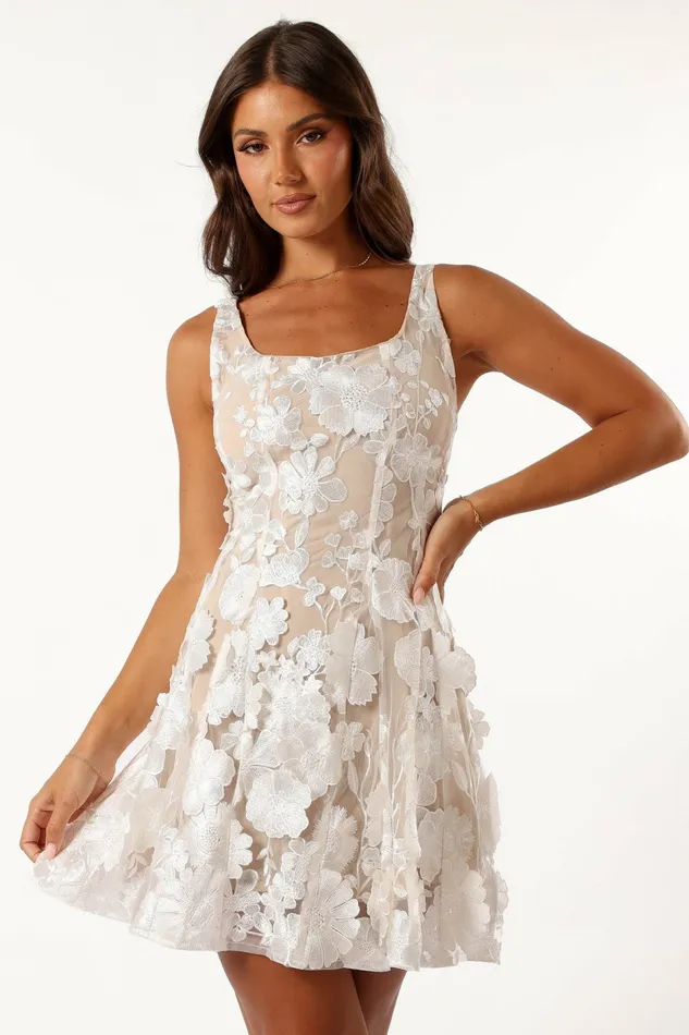 Women Petal and Pup Evelynn Mini Dress WhiteNude Floral Dresses