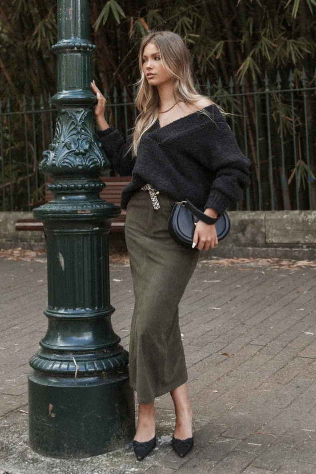 Women Petal and Pup Myra Corduroy Midi Skirt Olive Skirts