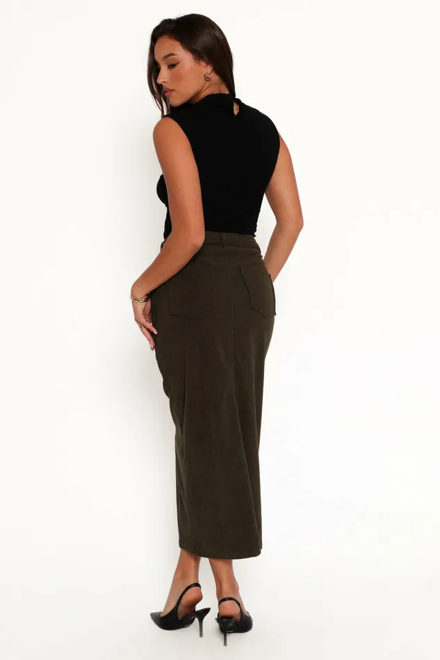 Women Petal and Pup Myra Corduroy Midi Skirt Olive Skirts