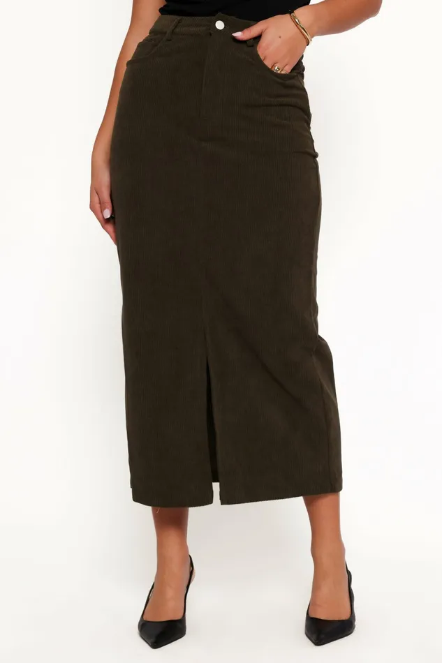 Women Petal and Pup Myra Corduroy Midi Skirt Olive Skirts